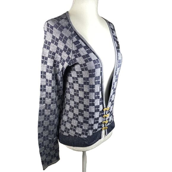 HWR‎ Anthropologie Cardigan Small Navy Gray Checkerboard Silk Cotton Blend - Picture 5 of 15